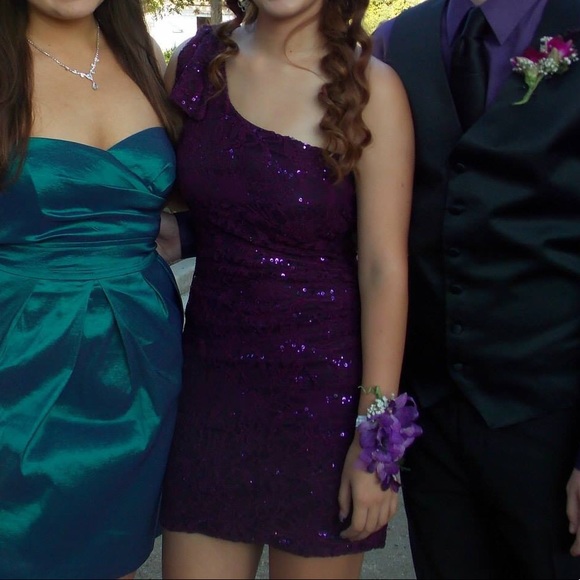 Purple off should sequin lace homecoming dress - Picture 3 of 6